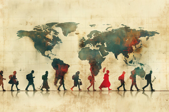 Migration Dynamics: A dynamic portrayal of migration patterns and movements across continents, illustrating the diverse reasons and experiences of people seeking better opportuniti