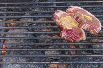 Red steaks on iron grill over charcoal