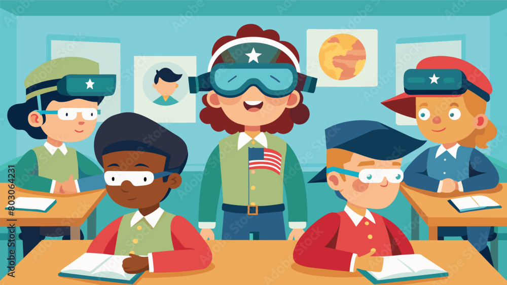 Poster a group of children sit eagerly in a classroom wearing virtual reality headsets as they learn about 