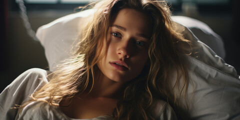Intense gaze of woman resting head on pile of pillows.