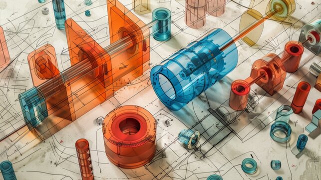 An illustration of a mechanical engineering design featuring transparent 3D models of parts superimposed over technical drawings with measurements and specifications.