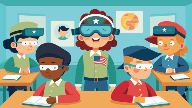 A group of children sit eagerly in a classroom wearing virtual reality headsets as they learn about the events of the Revolutionary War in a more. Vector illustration