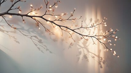 Painting of light reflection on wall with branch. Watercolor pastel colors aesthetic minimalism...