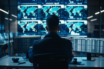 Cyber Security Professional in Network Control Room Monitoring Global Networks on Multiple Screens, Corporate Technology Hub