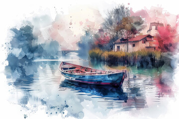 Watercolor painting of a rowboat in the canal.