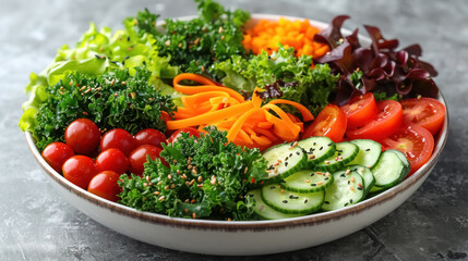 fresh organic rainbow vegetable salad bowl on grey background - healthy eating concept