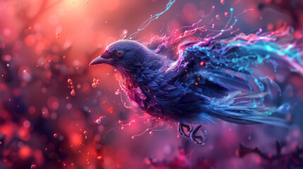 A surreal illustration of a bird in flight, with its wings and feathers made of ink drops in vibrant colors
