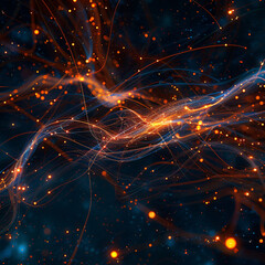 Vivid orange and blue energy streams with particles on a dark background