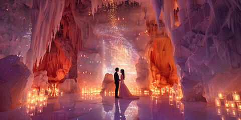 A couple stands in a candlelit ice cave, under a canopy of lights