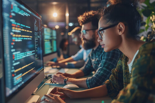 A group of developers men and women working together to program an e-commerce website.