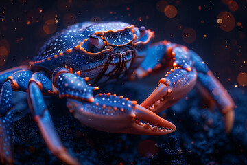 close-up of a blue crab with orange spots against a dark, bokeh background.
