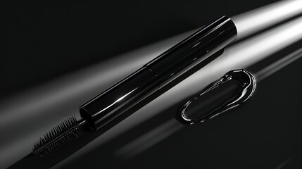 A high-end black mascara, showcased in a sleek, reflective tube design, capturing a sense of luxury and precision in a minimalist setting.