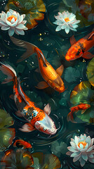 Colorful koi fish swim gracefully in a calm pond,Japanese Koi Fish Swimming in a Colorful Garden Pond