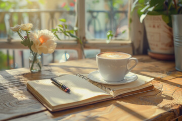The table with a hot coffee cup, Morning atmosphere, notebook, pen, and Space on the side.