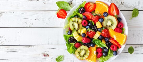 Fresh fruit and vegetable salad displayed on a white wooden surface from above, providing room for text. Promoting healthy eating.