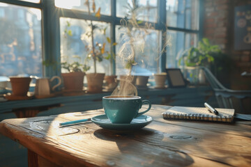 The table with a hot coffee cup, Morning atmosphere, notebook, pen, and Space on the side.