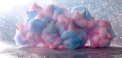 A giant, fluffy cotton candy cloud, its pastel pink and blue strands swirling together, set against...