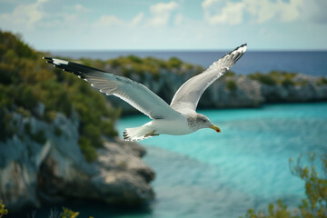 A close-up shot of a seagull in mid-flight above Heart Island, with the azure ocean as its backdrop.