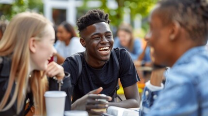 Joyful Teenager Enjoying Conversation with Friends at Outdoor Cafe