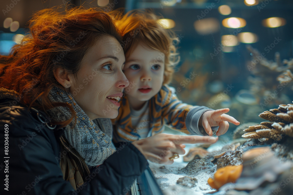 Poster a mother and child exploring a museum, pointing at exhibits with expressions of wonder and curiosity
