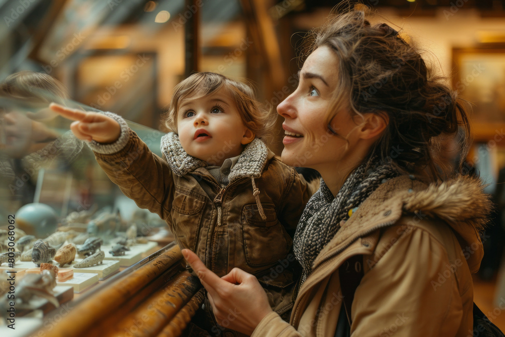 Poster a mother and child exploring a museum, pointing at exhibits with expressions of wonder and curiosity