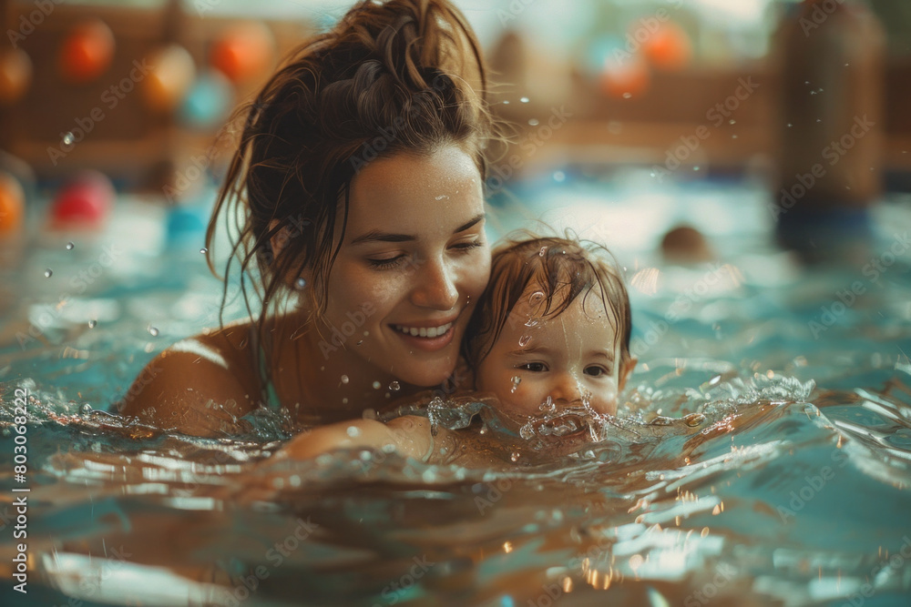 Poster A mother and child splashing each other gently in a swimming pool, surrounded by colorful floaties,