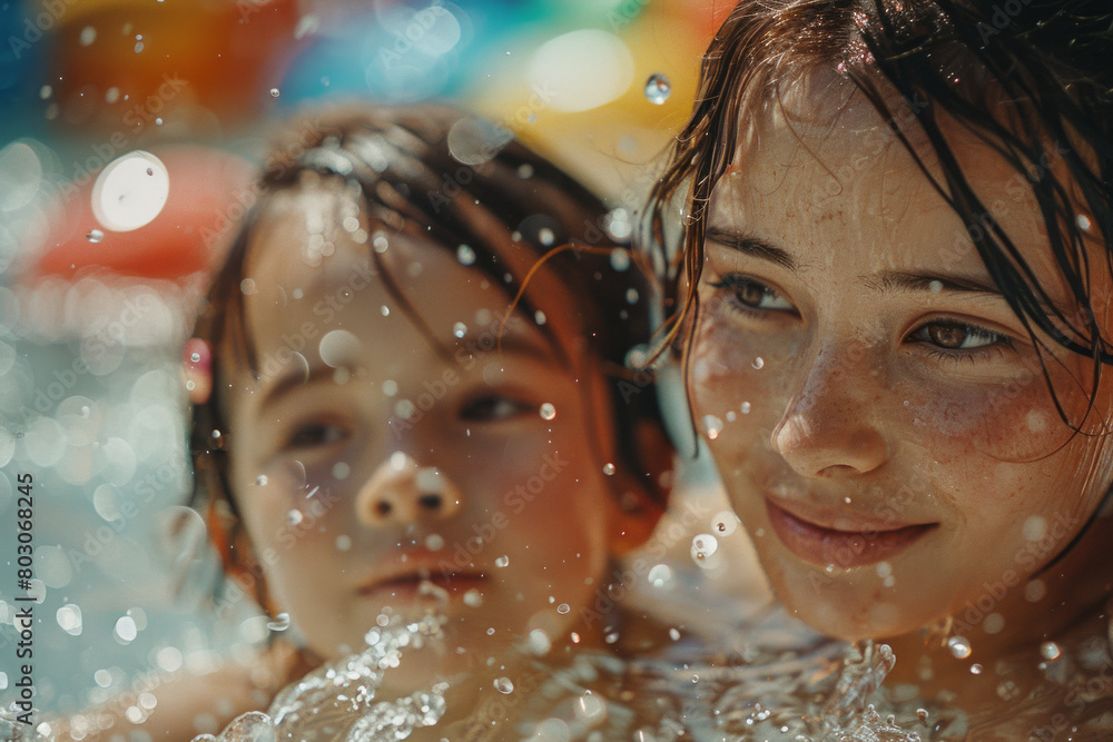 Poster A mother and child splashing each other gently in a swimming pool, surrounded by colorful floaties,
