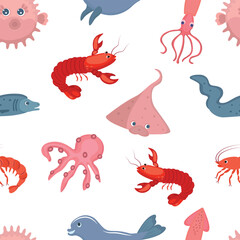 Fish characters pattern, on the theme of sea, travel, sushi food. Shrimp, squid, octopus, eel fish, dolphin, stingray, crayfish, crab, sea bladder fish. Vector illustration on a white background.