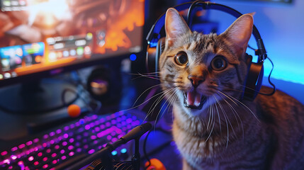 Online Kitty Playtime: Cat Live-Streaming and Gaming - Heartwarming Photograph Reveals Adorable Companion's Joyful Presence, Entertaining Audiences with Computer Games