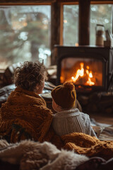 A quiet moment of a mother and child sitting by a fireplace, sipping cocoa and sharing stories,