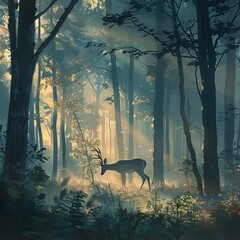 Mystic Dawn A Majestic Deer Grazing in the Misty Forest