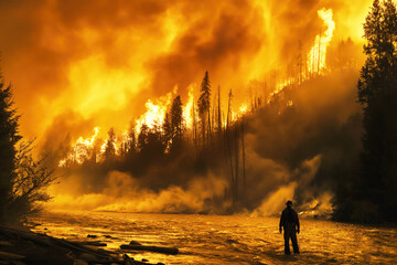 Fototapeta premium A silhouette alone figure of saver stands in a river against the background of a raging forest fire. The flames and the smoke. Concept environmental disaster, climate change.