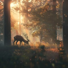 Mystic Dawn A Majestic Deer Grazing in the Misty Forest