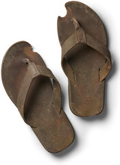 pair of old used sandals slippers isolated white background, dirty significantly worn-out from...