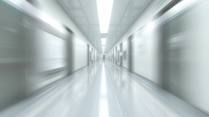 Empty hospital corridor with a modern, sterile appearance. Healthcare and medical facility concept.
