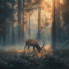 Mystic Dawn A Majestic Deer Grazing in the Misty Forest