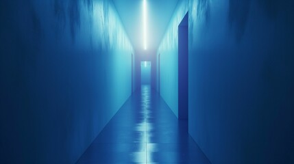 Surreal blue corridor leading to a bright light at the end.