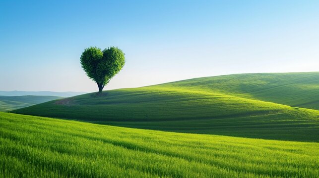 Heart-shaped tree standing alone on a lush green hill under a clear blue sky.