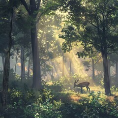 Mystic Dawn A Majestic Deer Grazing in the Misty Forest