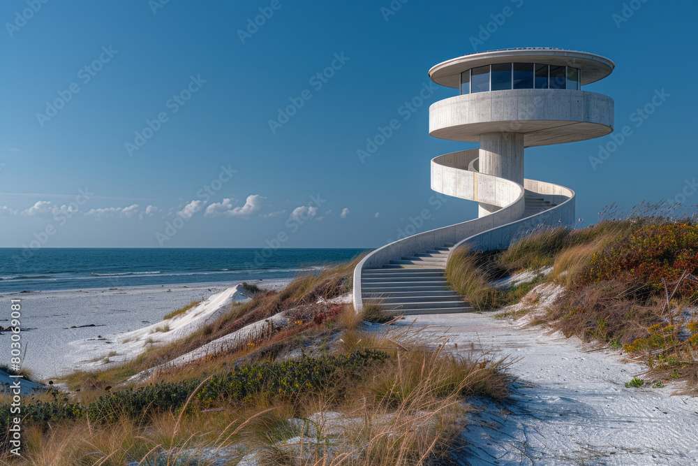 Poster A coastal observation tower that uses a logarithmic spiral design to withstand high winds while offering panoramic views,