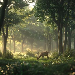 Mystic Dawn A Majestic Deer Grazing in the Misty Forest