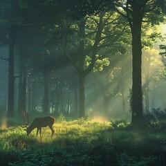 Obraz premium Mystic Dawn A Majestic Deer Grazing in the Misty Forest
