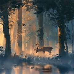 Mystic Dawn A Majestic Deer Grazing in the Misty Forest