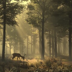 Mystic Dawn A Majestic Deer Grazing in the Misty Forest