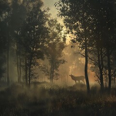 Mystic Dawn A Majestic Deer Grazing in the Misty Forest