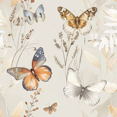 Fototapeta premium Watercolor butterfly, flower and leaves seamless pattern. Beautiful delicate background with nature elements for textile, print, fabric