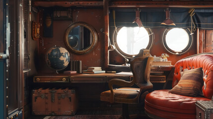 cozy vintage nautical study room with red sofa and wooden desk