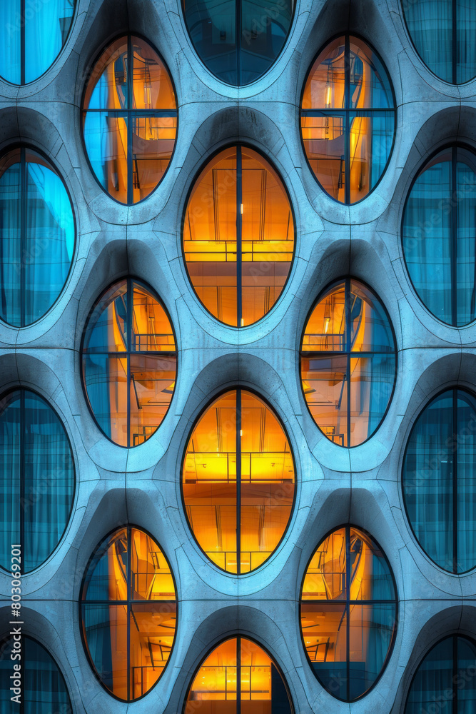 Poster An office building whose core structure is modeled after a Voronoi diagram, with unique, cell-like windows optimizing natural light,