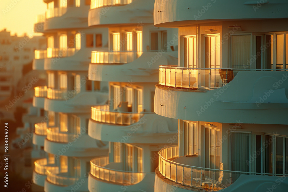 Poster a residential building where each balcony is shaped and positioned according to the golden spiral, o