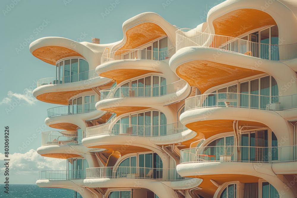 Poster a residential building where each balcony is shaped and positioned according to the golden spiral, o